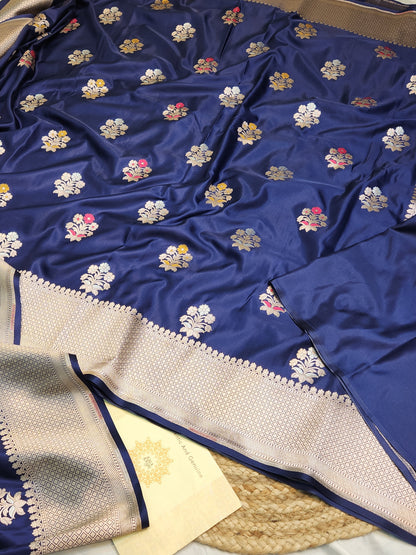 Navy Blue Mashru Silk Banarasi Saree With Meena bootas