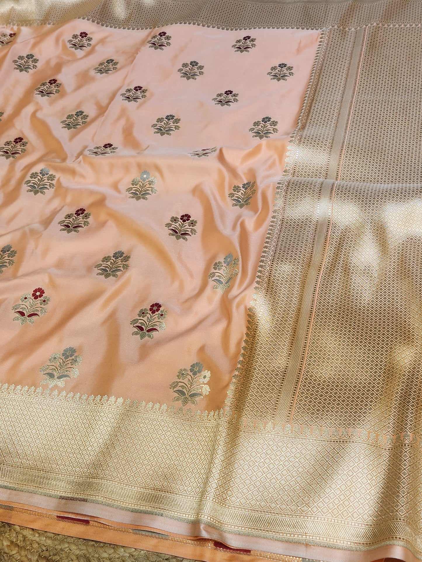 Peach banarasi Mashru Silk Banarasi Saree With Meena bootas