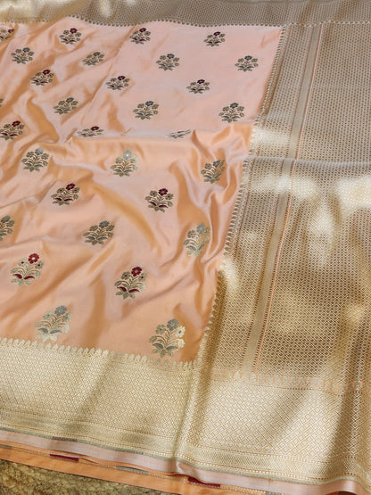 Peach banarasi Mashru Silk Banarasi Saree With Meena bootas