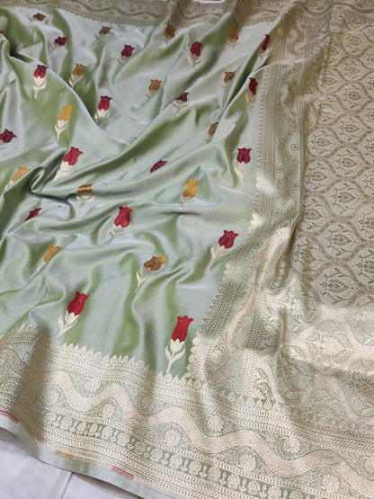 Olive Green Banarasi Mashru Silk Banarasi Saree With Meena bootas