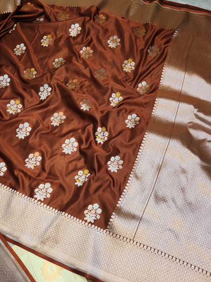 Coffee brown Mashru Silk Banarasi Saree With Meena bootas