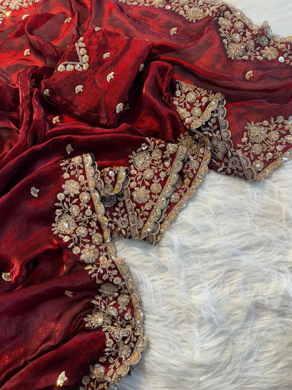 Maroon designer handwork Space Silk Saree