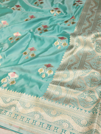 Sea Green Mashru Silk Banarasi Saree With Meena bootas