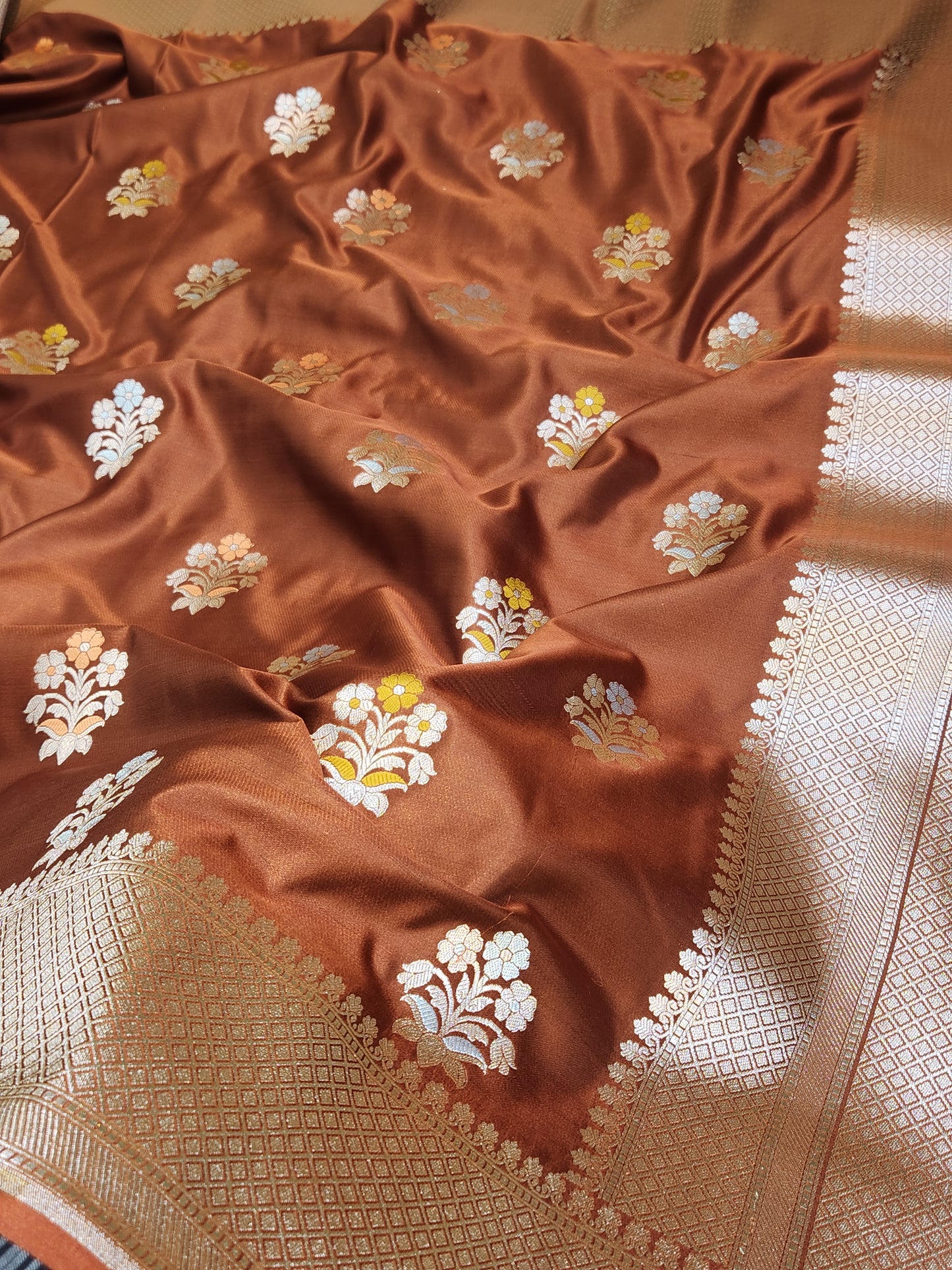 Coffee brown Mashru Silk Banarasi Saree With Meena bootas