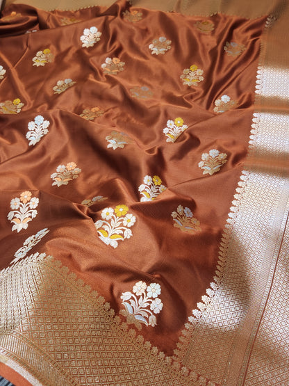 Coffee brown Mashru Silk Banarasi Saree With Meena bootas