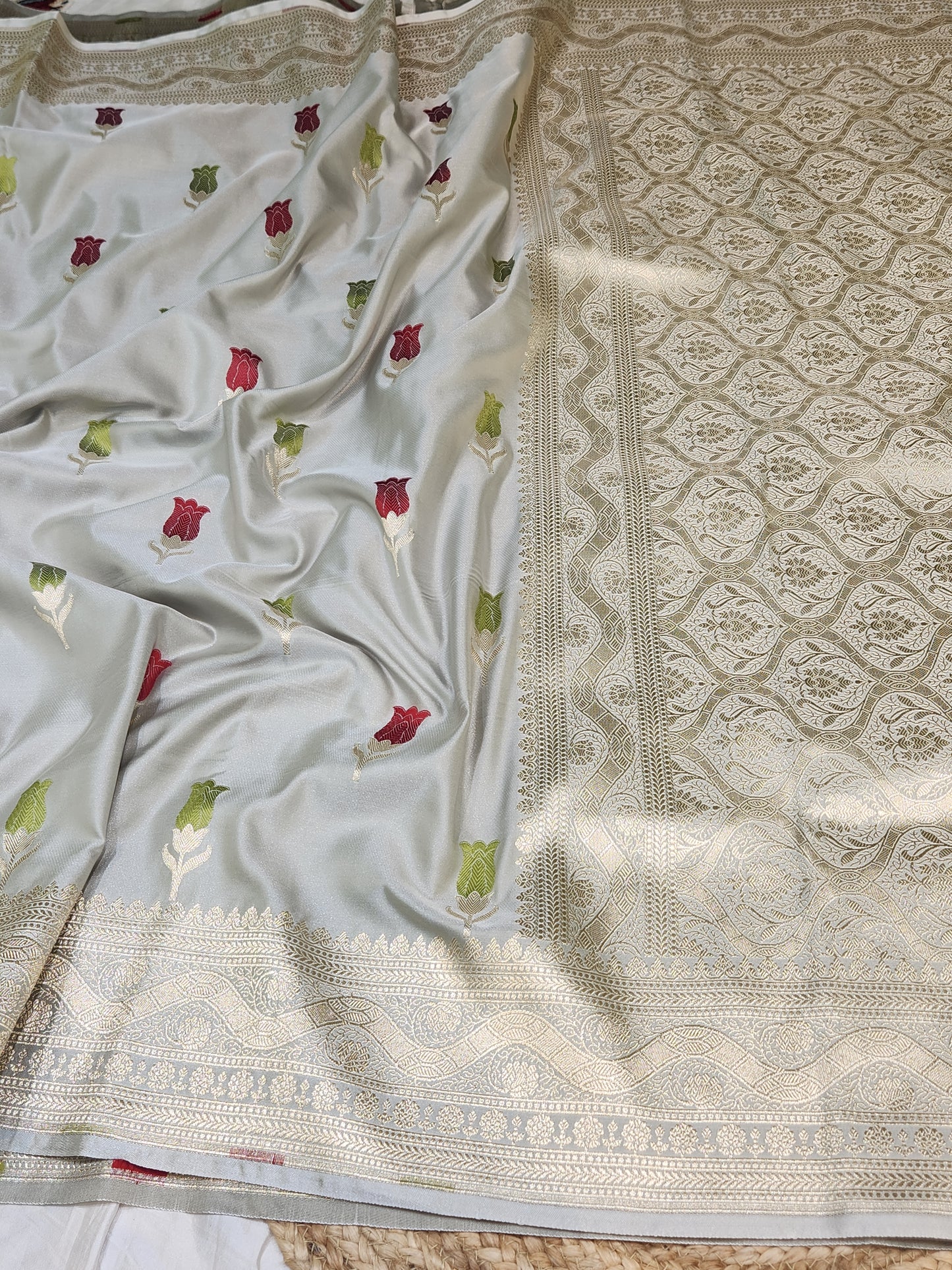 Ash Grey Banarasi Mashru Silk Banarasi Saree With Meena bootas