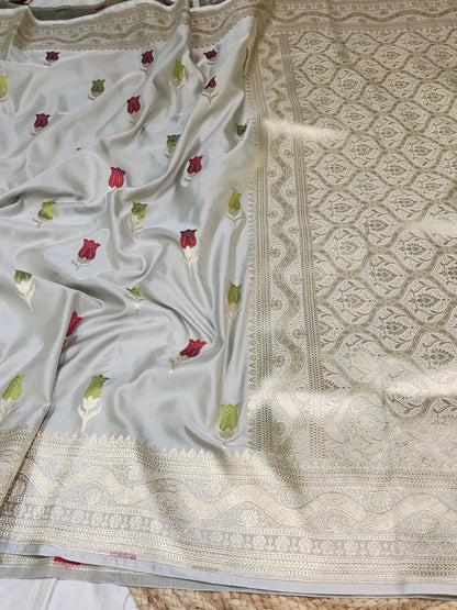 Ash Grey Banarasi Mashru Silk Banarasi Saree With Meena bootas