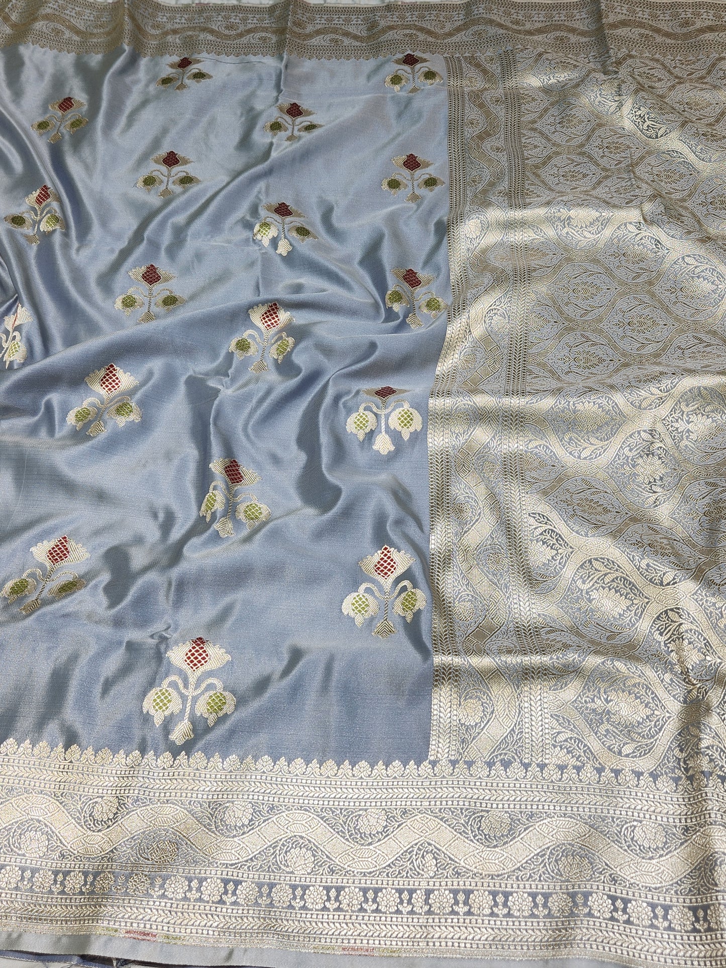 Grey banarasi Mashru Silk Banarasi Saree With Meena bootas