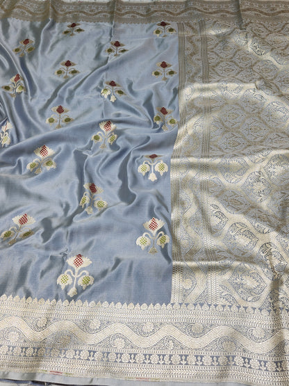Grey banarasi Mashru Silk Banarasi Saree With Meena bootas