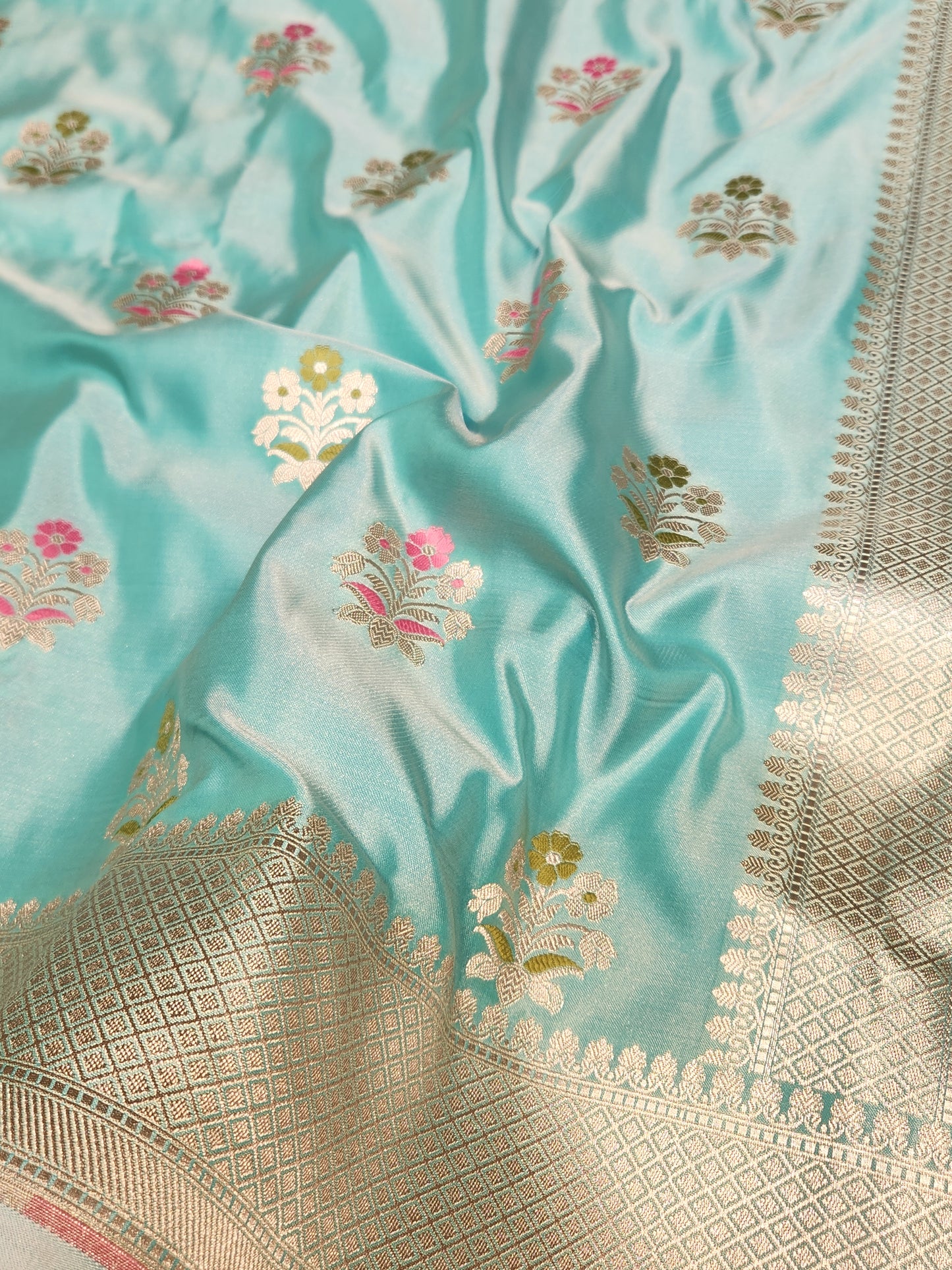 Sea Green Mashru Silk Banarasi Saree With Meena bootas