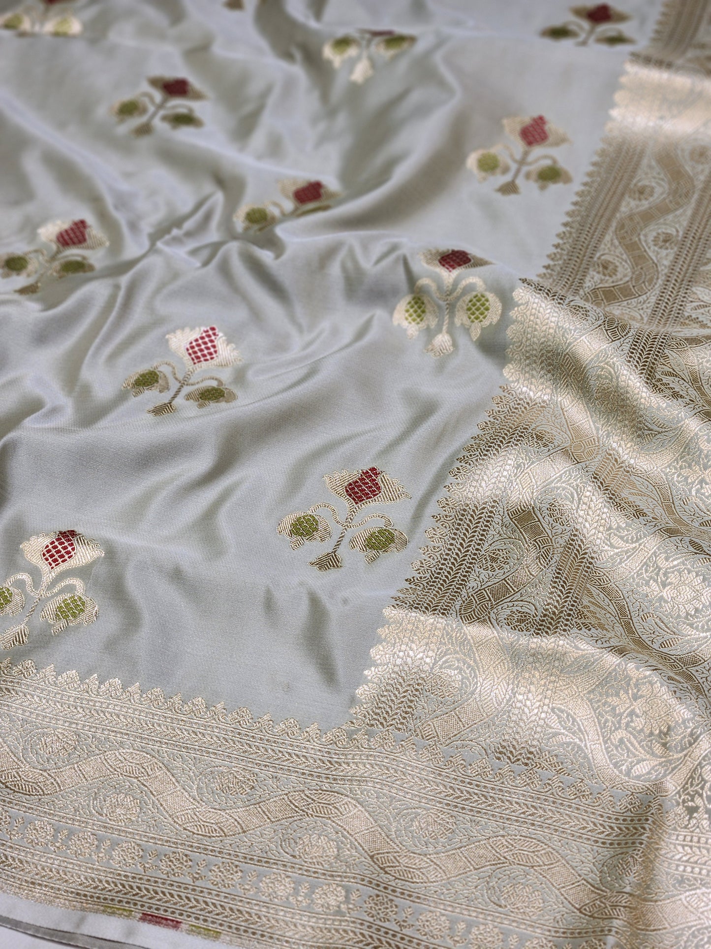 Ash Grey Banarasi Mashru Silk Banarasi Saree With Meena bootas