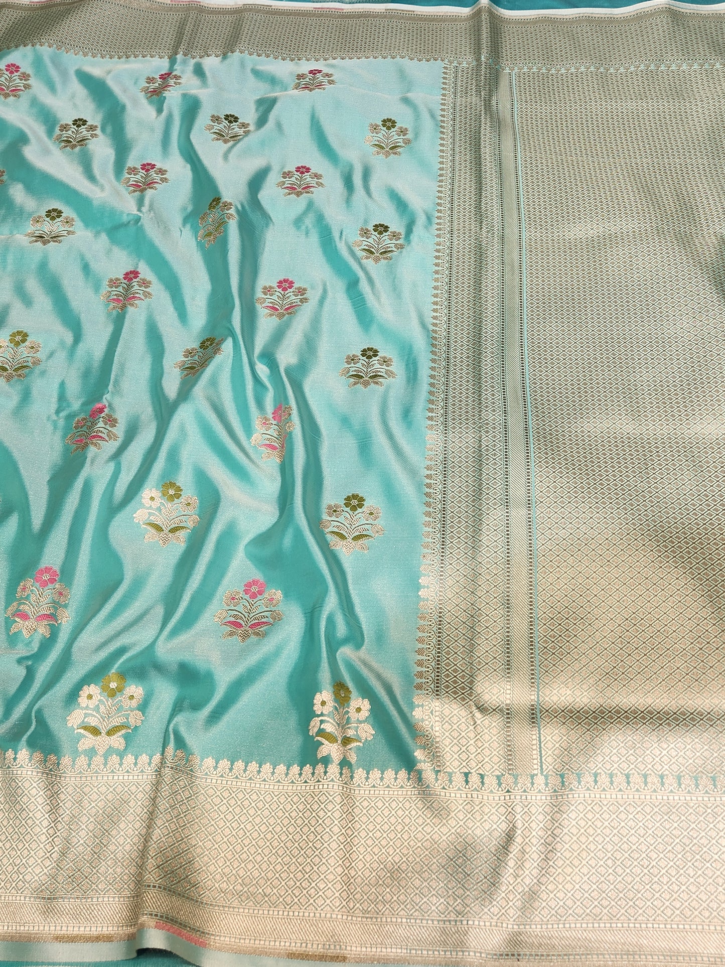 Sea Green Mashru Silk Banarasi Saree With Meena bootas
