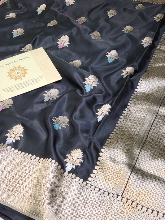 Jet Black Mashru Silk Banarasi Saree With Meena bootas