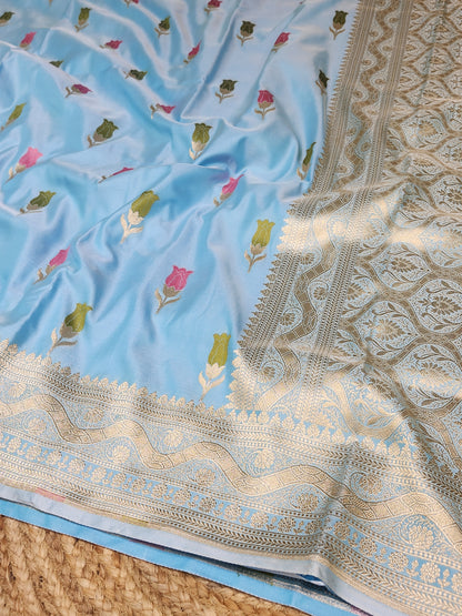 Powder Blue Mashru Silk Banarasi Saree With Meena bootas