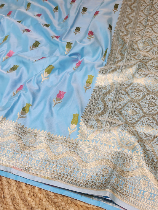 Powder Blue Mashru Silk Banarasi Saree With Meena bootas