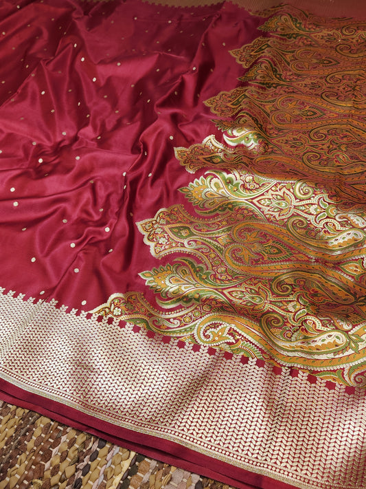 Deep maroon Kimkhab mashru silk saree with all over booti