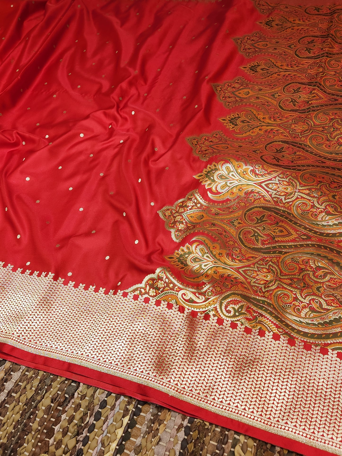 Red Kimkhab mashru silk saree with all over booti