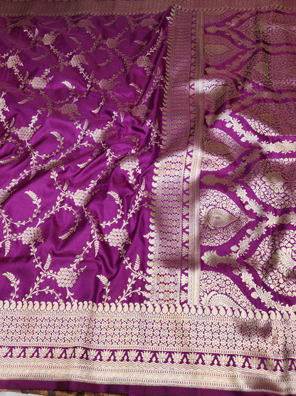 Purple Mashru Silk Banarasi Saree Mughal Jaal Pattern