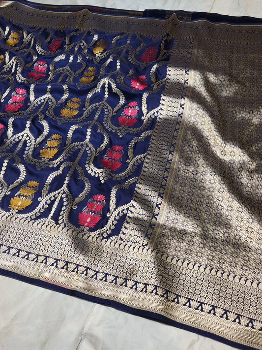 Navy Blue Mashru Silk Banarasi Saree With Meena bootas