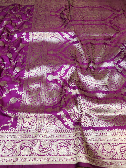 Purple Mashru Silk Banarasi Saree Mughal Jaal Pattern