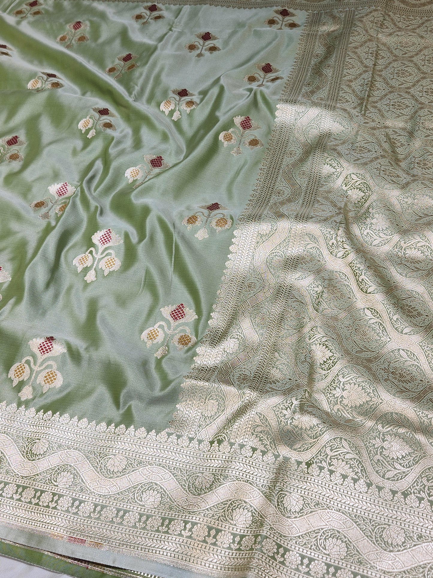 Olive Green Banarasi Mashru Silk Banarasi Saree With Meena bootas