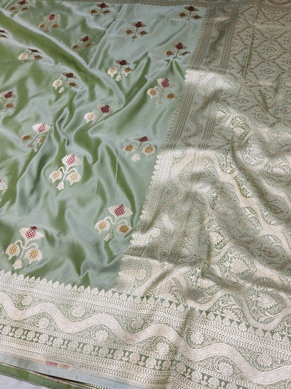 Olive Green Banarasi Mashru Silk Banarasi Saree With Meena bootas