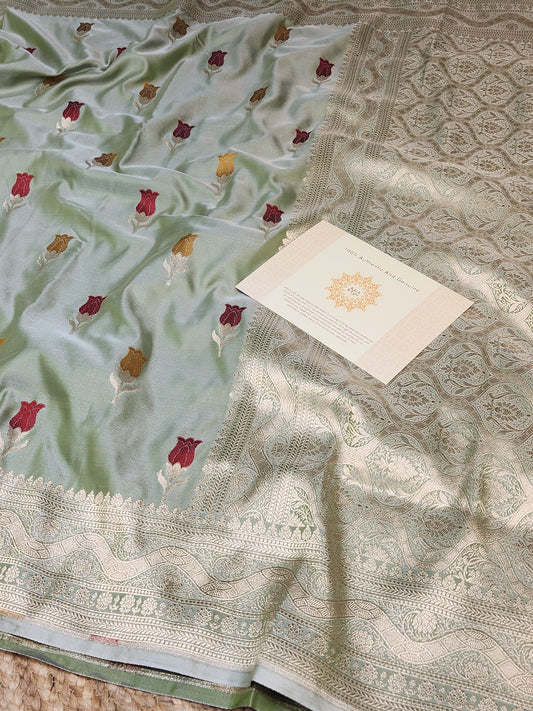 Olive Green Banarasi Mashru Silk Banarasi Saree With Meena bootas