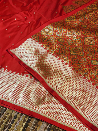Red Kimkhab mashru silk saree with all over booti