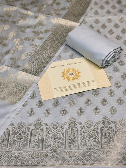 Light Grey zari resham silk banarasi suit