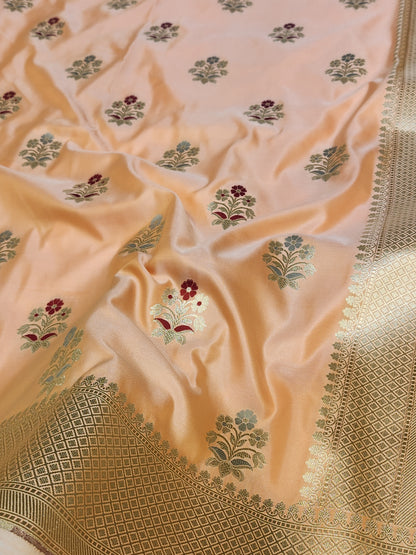 Peach banarasi Mashru Silk Banarasi Saree With Meena bootas