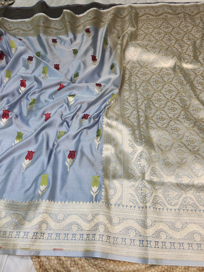 Grey banarasi Mashru Silk Banarasi Saree With Meena bootas