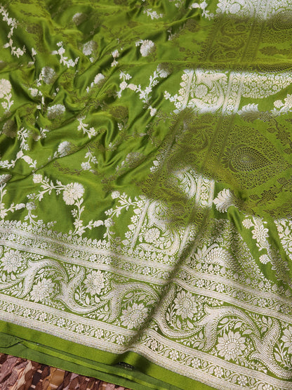 Mehandi Mashru Silk Banarasi Saree Jaal Pattern