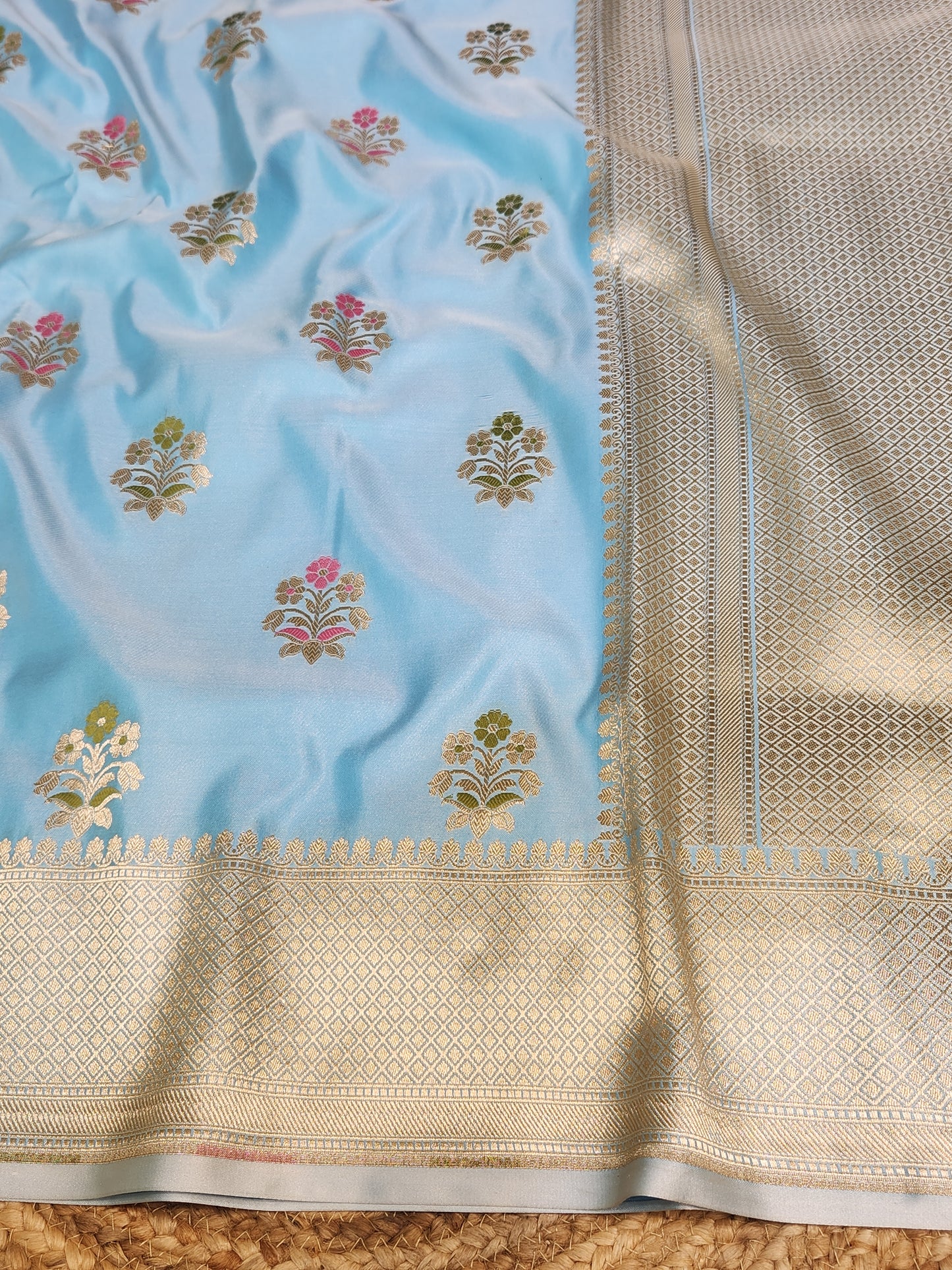 Powder Blue Mashru Silk Banarasi Saree With Meena bootas