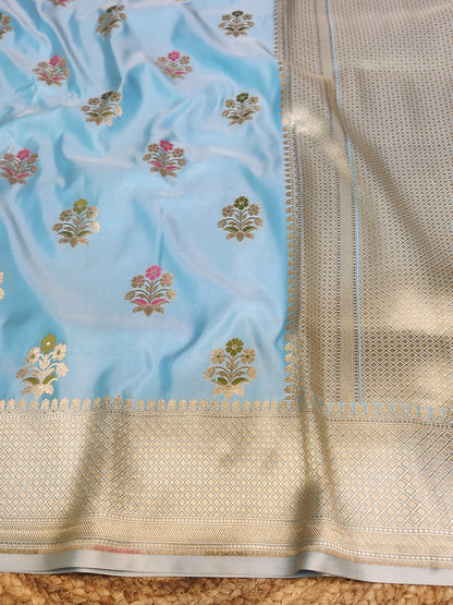 Powder Blue Mashru Silk Banarasi Saree With Meena bootas