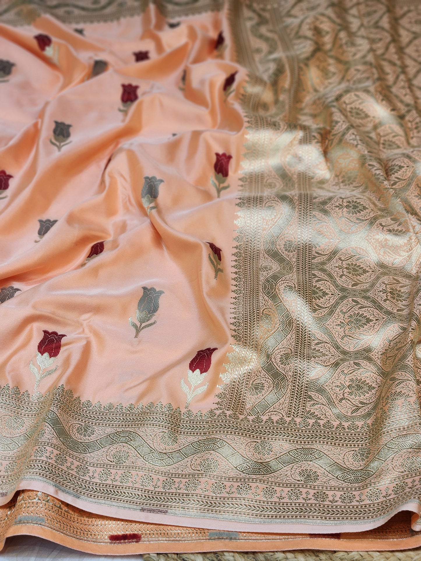 Peach banarasi Mashru Silk Banarasi Saree With Meena bootas