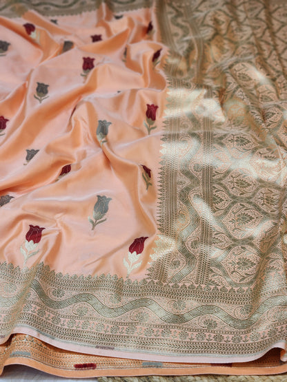 Peach banarasi Mashru Silk Banarasi Saree With Meena bootas