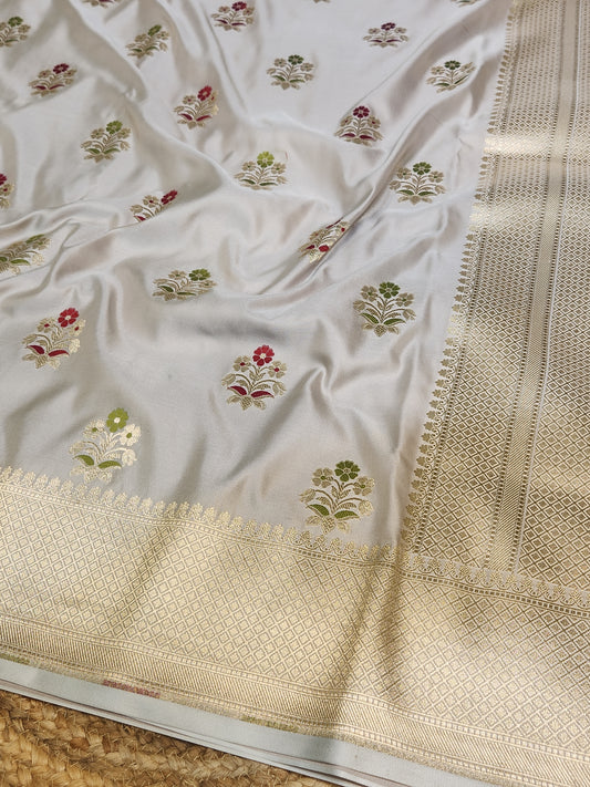 Ash Grey Banarasi Mashru Silk Banarasi Saree With Meena bootas