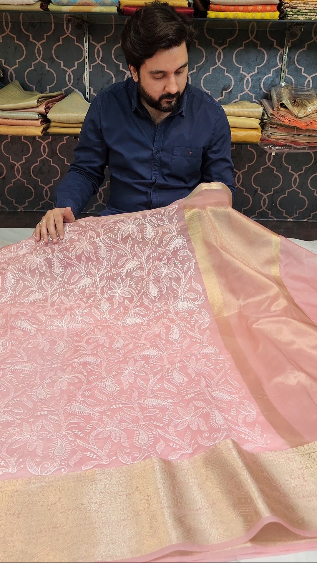 Peach Pink Premium Chikankari Work Banarasi Saree